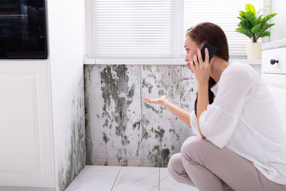 A woman on the phone as she points to mold on the wall of her home.